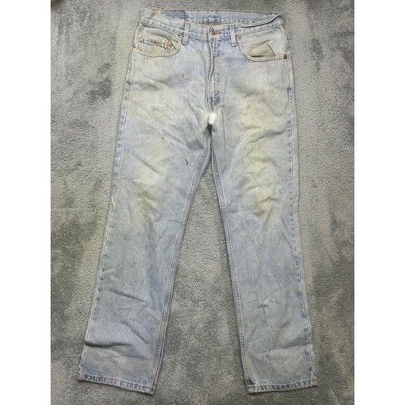 Levis 505 Jeans Mens 34x30 Light Blue Regular Fit Straight Leg Distressed Repair - Picture 1 of 14